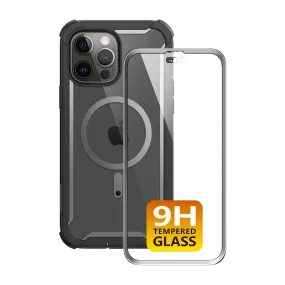 iPhone 14 Pro Ares Mag with Tempered Glass Case - Black Rugged Frame Design Hybrid Look