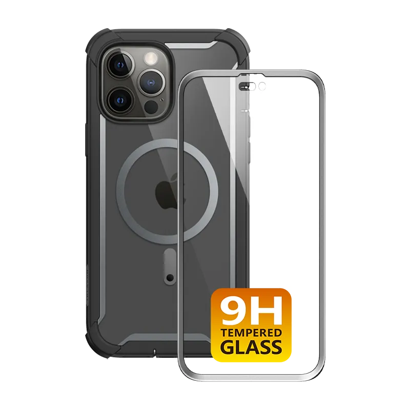 iPhone 14 Pro Ares Mag with Tempered Glass Case - Black Rugged Frame Design Hybrid Look