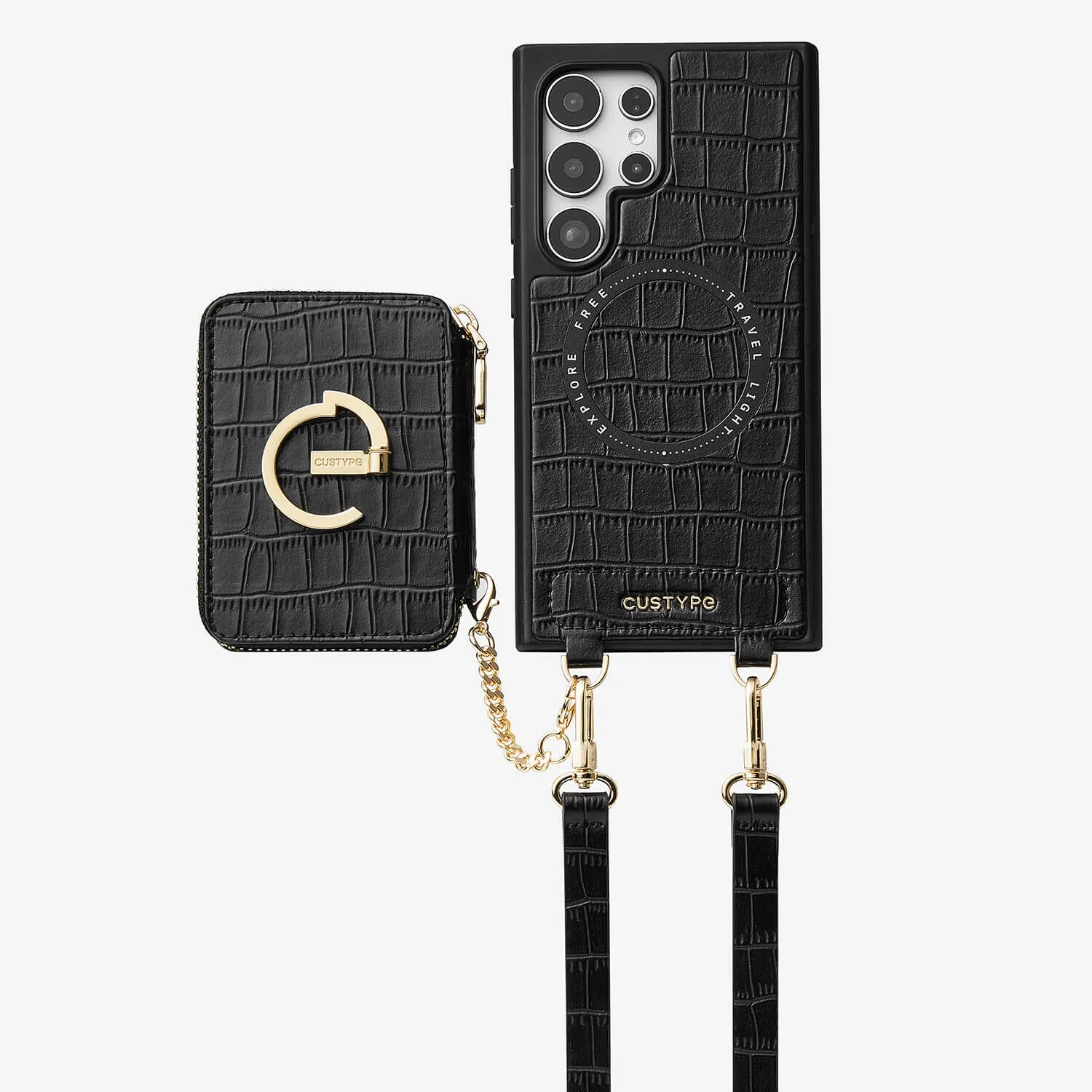 Crocodile Design Set- Samsung Galaxy Magnetic Grip Wallet  Phone Case with Carrying Strap Smooth Form Texture