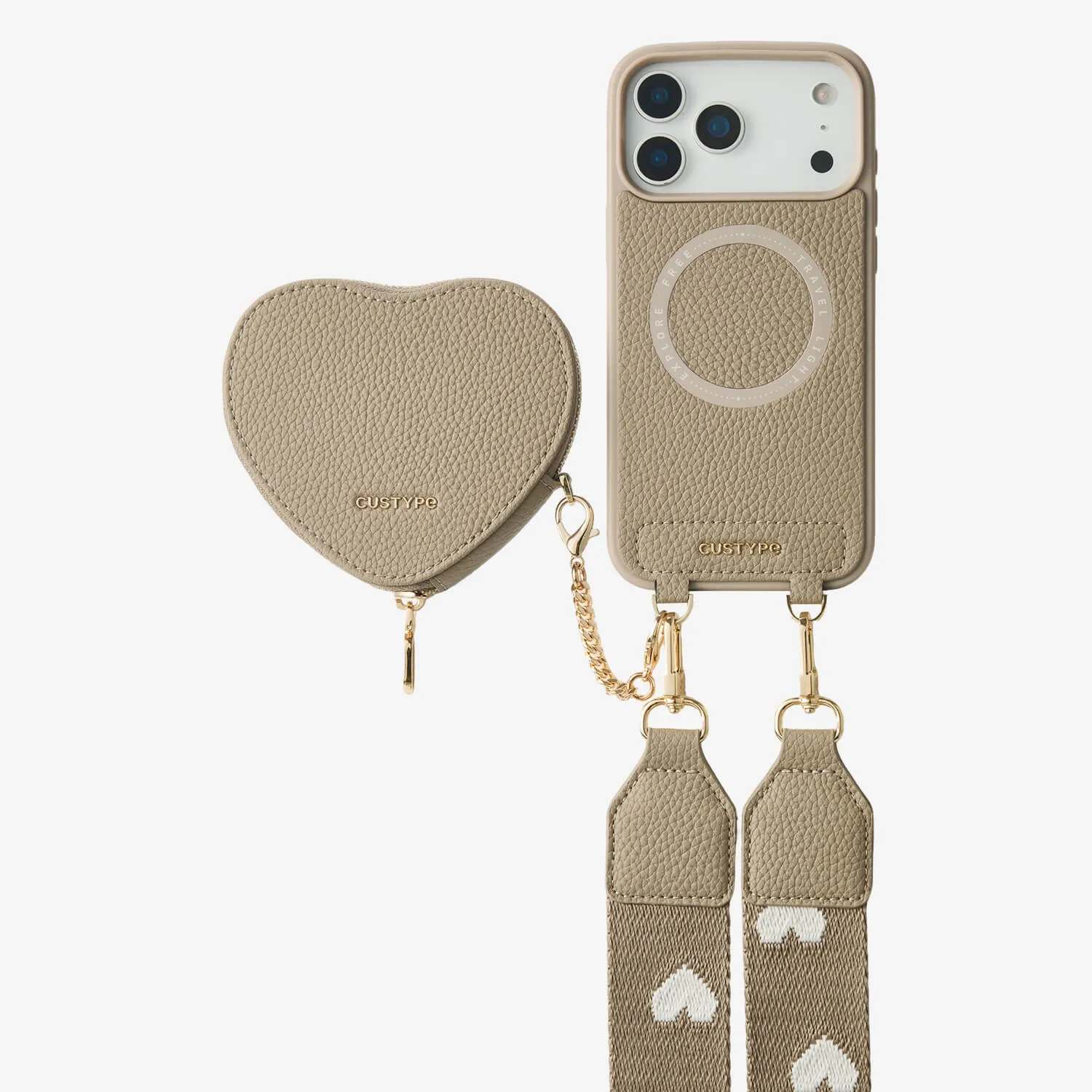 Luxury Pattern Matte Texture Heart Design Kit- Webbing Strap iPhone Case with Magnetic Pouch