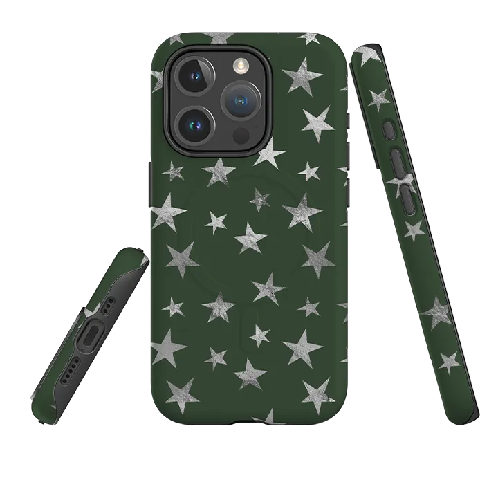 iPhone MagSafe Tough Case - Green and Silver Stars Soft Frame