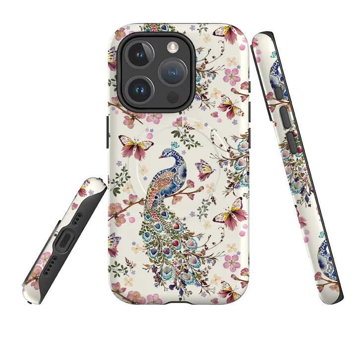 iPhone MagSafe Tough Case -  Peacock and Cherry Blossoms By Helen Ahpornsiri Minimal Form Rugged Feel