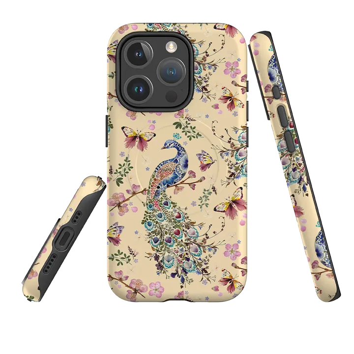 iPhone MagSafe Tough Case -  Peacock and Cherry Blossoms Lily By Helen Ahpornsiri Luxury Layer Texture