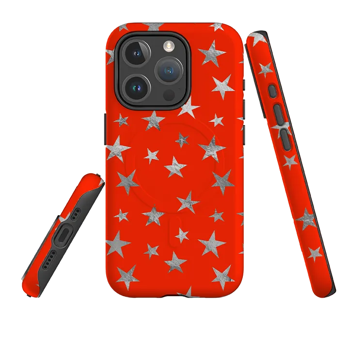 iPhone MagSafe Tough Case - Red and Silver Stars Elegant Pattern Design Gift Choice
