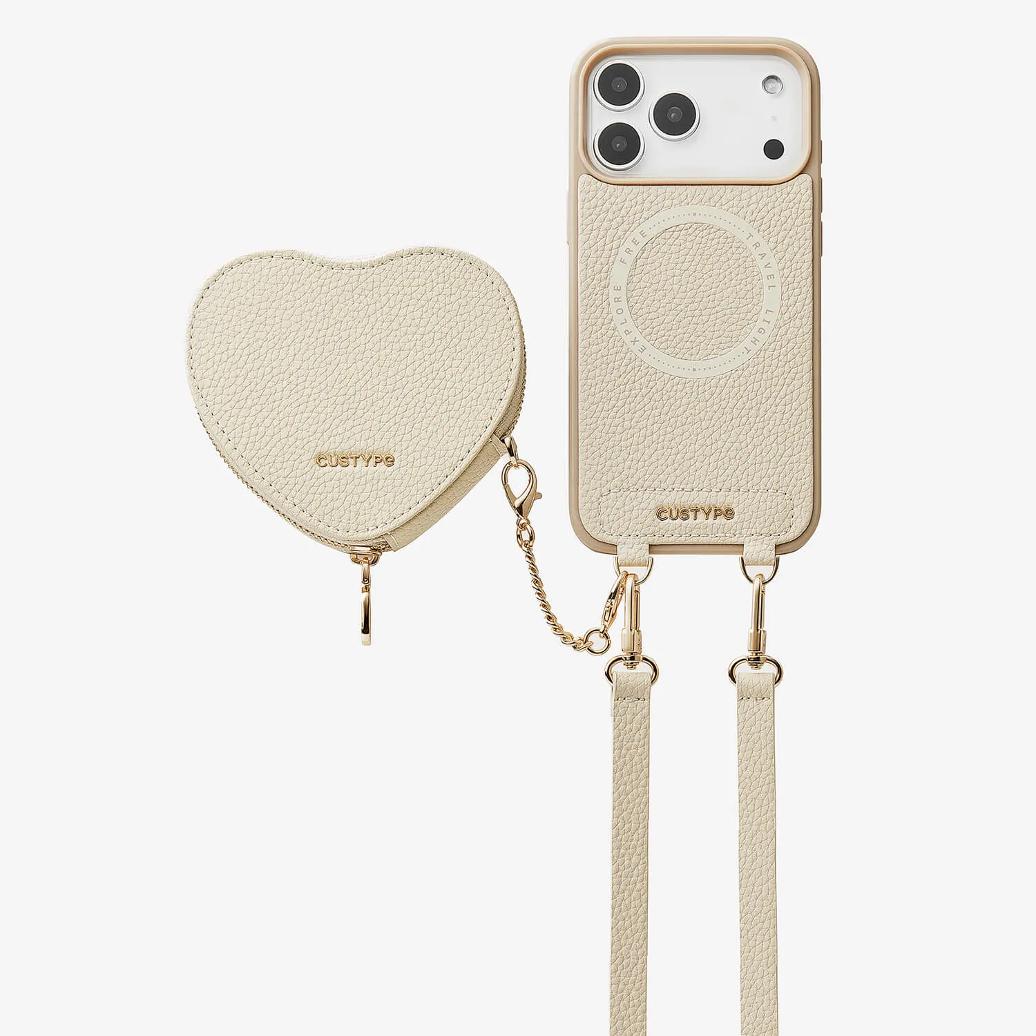 Classic Finish Luxury Texture Heart Design Kit- Detachable Wireless Charging Crossbody Wallet Phone Case Pouch Set