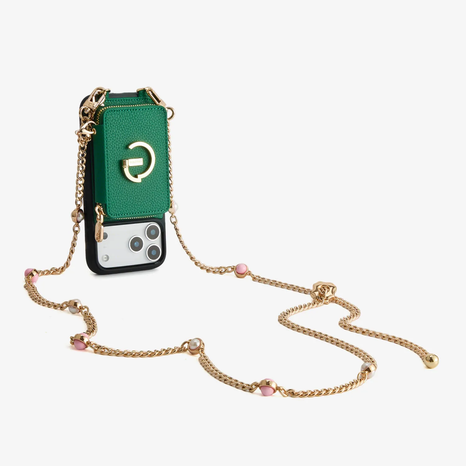 Compact Texture Layer Premium Build Layer Candy Chain Kit- Magnetic Separable Wallet iPhone Case with Pearl Chain & Grip