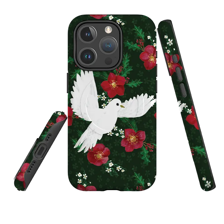 Durable Edge Texture Clear Frame iPhone MagSafe Tough Case - Dove and Floral By Abby Jacobs