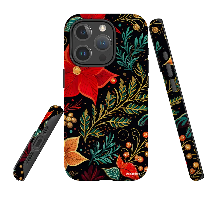 iPhone MagSafe Tough Case - Red Winter Floral II Elegant Layer Texture