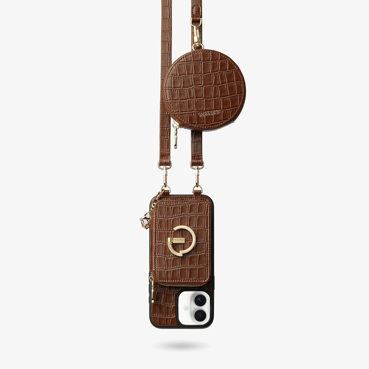 Grip Texture Crocodile Design Set- Detachable Wireless Charging Crossbody E-Stand Wallet Phone Case Round Pouch Set