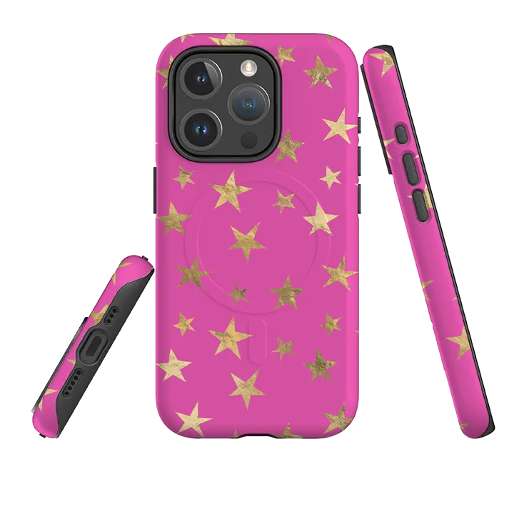iPhone MagSafe Tough Case - Pink and Gold Stars Sleek Feel Raised Bezels