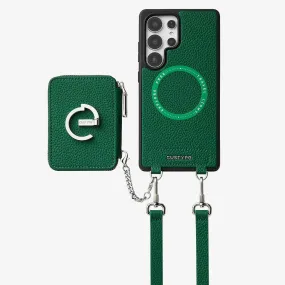 Comfort Texture Finish Full Coverage Silver Edge Kit- Samsung Galaxy Magnetic Wallet Phone Case with Neck Strap & Grip