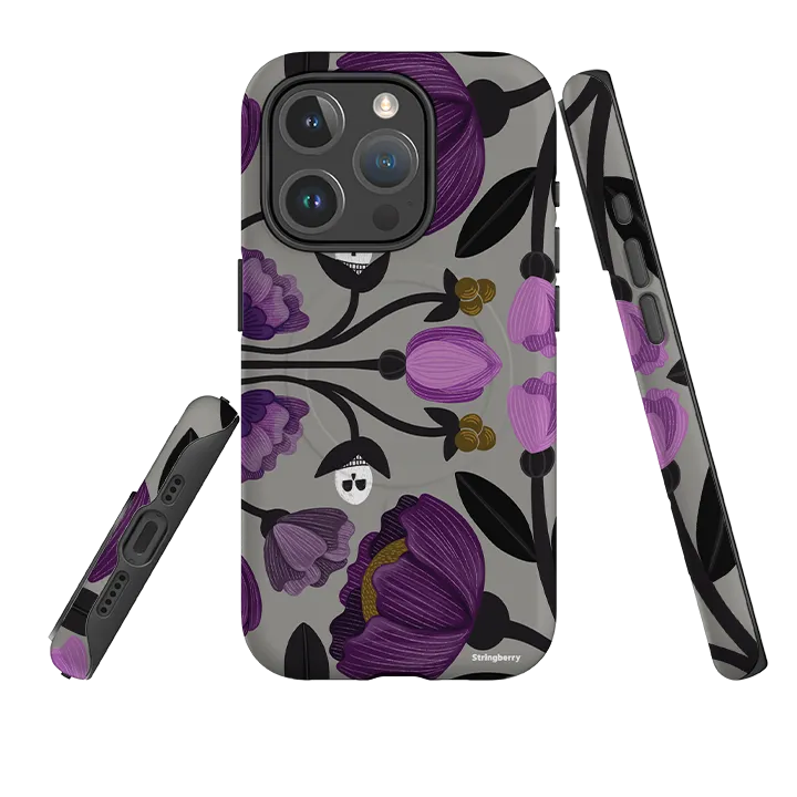 Flexible Edge Texture Sleek Grip iPhone MagSafe Tough Case -  Purple Flower Skull II By Nina Pace