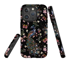 iPhone MagSafe Tough Case -  Peacock and Cherry Blossoms Dark By Helen Ahpornsiri Soft Layer Luxury Layer Texture