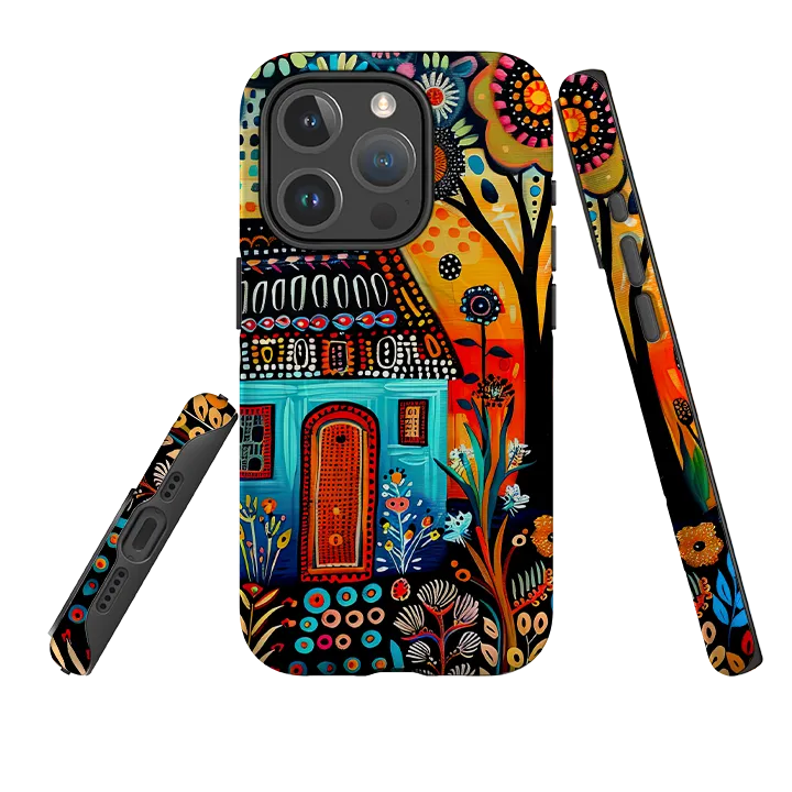 iPhone MagSafe Tough Case - Folk Art House VI Rugged Design Modern Frame