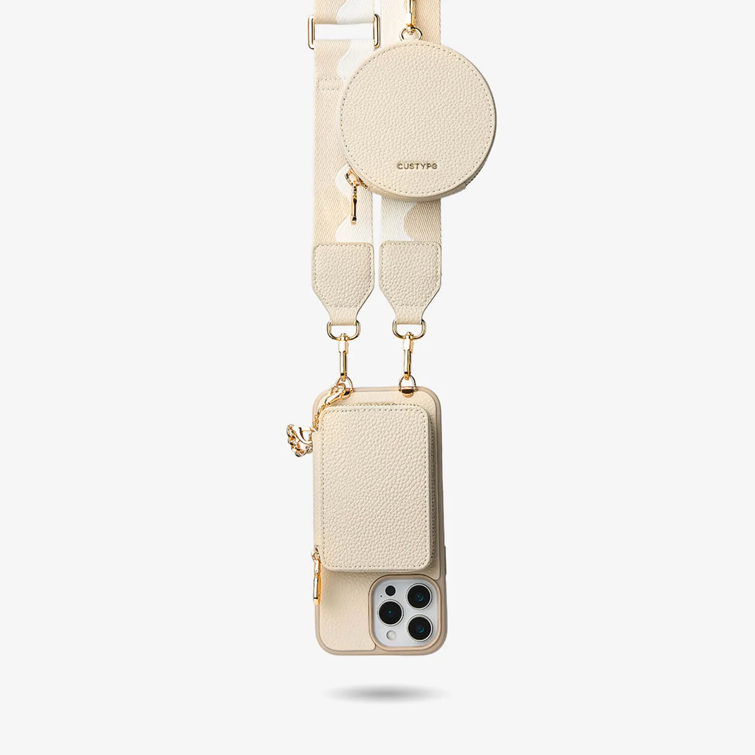 Unique Design Set- Bicolor Webbing Wireless Charging Crossbody Phone Case Round Pouch Set Polished Texture Soft Finish Layer